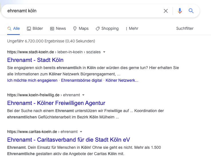 Screenshot für die Suchergebnisse des Suchbegriffs "Ehrenamt Köln"
